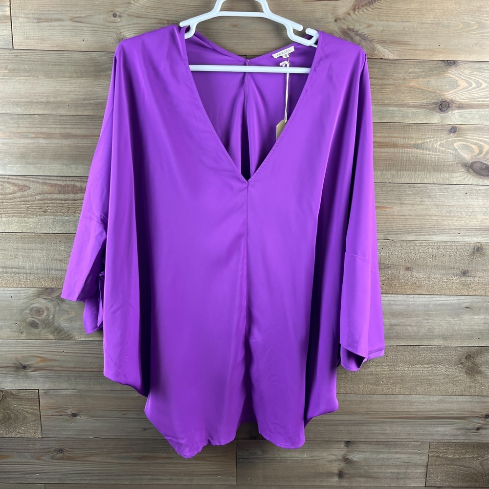 Jodifl Womens Shirt Short Dolman Tie Sleeve Blouse V-Neck Flowy Purple Size 2X